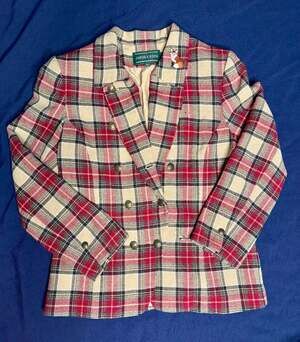 J. McLaughlin Wool Plaid Double-Breasted Blazer Fox Patch Made Sz 10